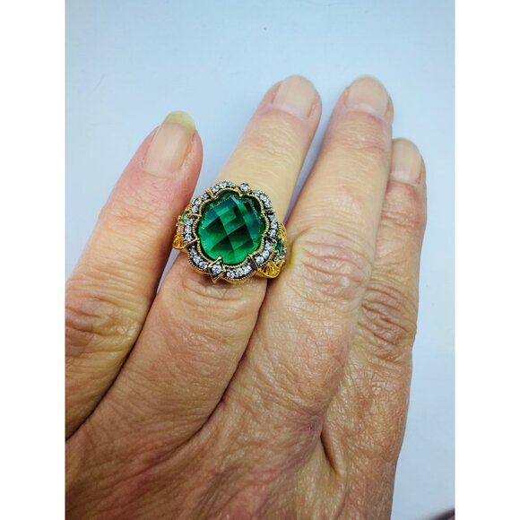 Estate Gold Over Sterling Silver Emerald & CZ Statement Ring, Size 6, 6.82g, Fil - Picture 6 of 10